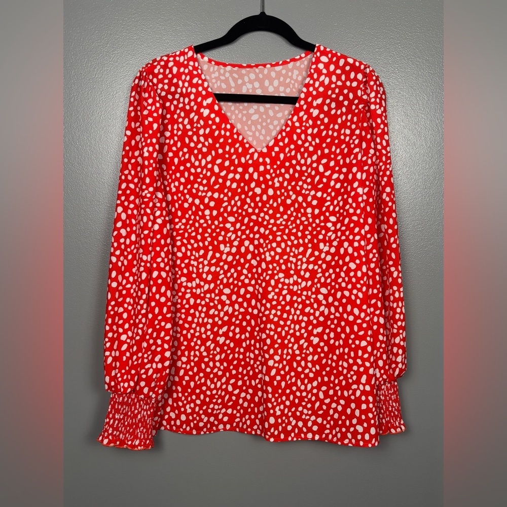 Women’s Polka Dot Red & White Long Bishop Sleeve Blouse Size X-Large